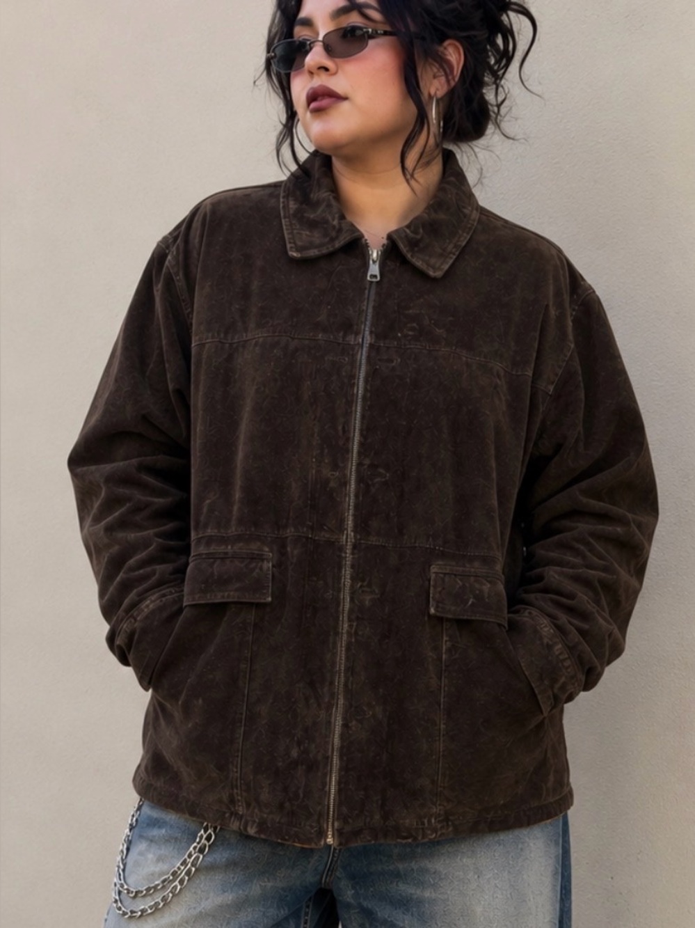 Vintage Ruff hewn Genuine Leather Brown Suede Jacket Utility Coat minimalist XXL